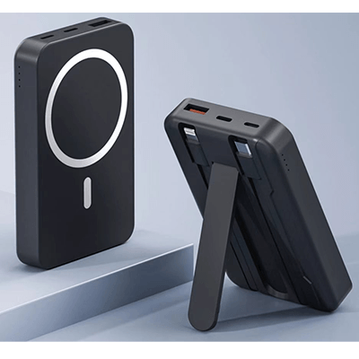 Magnetic Powerbank with CCC and Built in Cable, sleek black design, ideal for charging on the go.