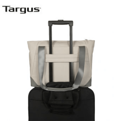 Targus Avila 15-16” Tote Bag on top of a suitcase, showcasing its stylish and functional design.