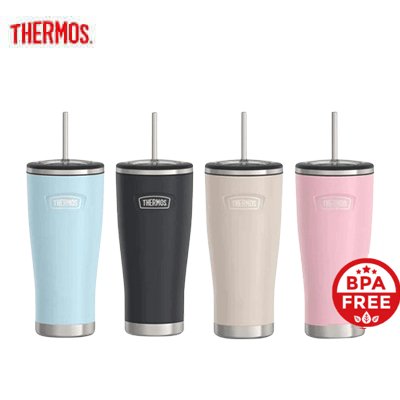 Thermos ICON ™ Mug with Straw in Glacier, Sandstone, Black, and Pink, BPA Free, perfect for corporate gifts.