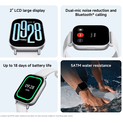 Xiaomi Redmi Watch 5 Active showcasing 2" LCD display, Bluetooth calling, 18 days battery life, and 5ATM water resistance.