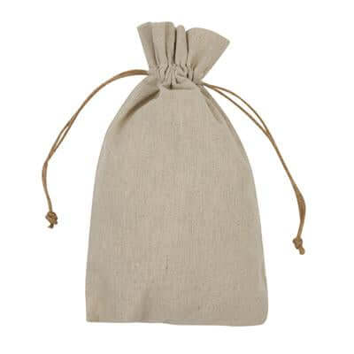 Brown-toned jute drawstring pouch gathered closed with knotted cord ends