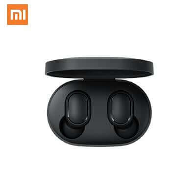 Black Xiaomi Mi True Wireless Earbuds Basic 2 seated in their open charging case