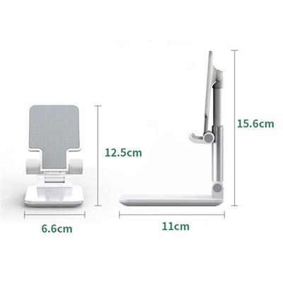 Folding phone-stand dimension diagram showing 6.6 cm base width, 11 cm depth and illustrated heights of 12.5 cm and 15.6 cm