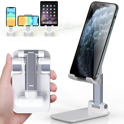 Folding phone stand shown with portrait and landscape phones, a tablet example and compact folded configuration