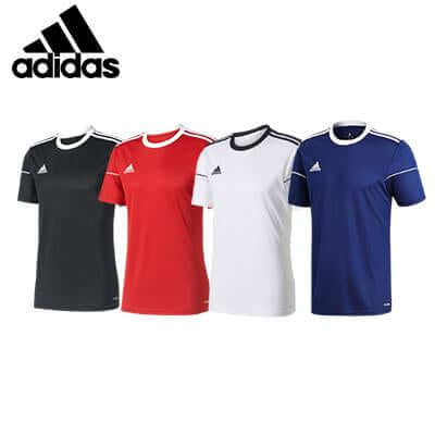 Adidas Squadra 17 short-sleeve jerseys in black, red, white and blue with contrast crewnecks and shoulder stripes