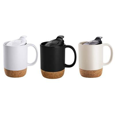 White, black and light neutral ceramic coffee mugs with handles, cork bases and drinking lids