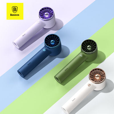 Baseus handheld turbofans shown in lavender, dark blue, green and white colour examples