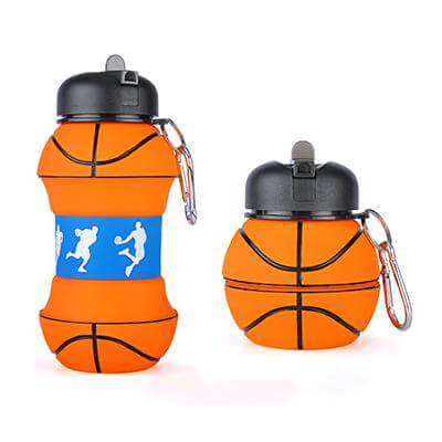 Portable Silicone Collapsible Sports Water Bottle in basketball design, perfect for sports and hydration on the go.