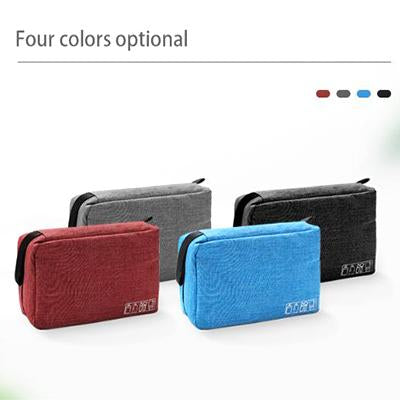 Portable toiletry pouch colour examples in grey, red, blue and black