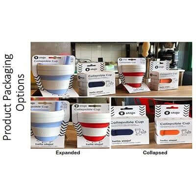 Stojo cup catalogue collage showing cups in everyday settings and illustrative printed-logo examples