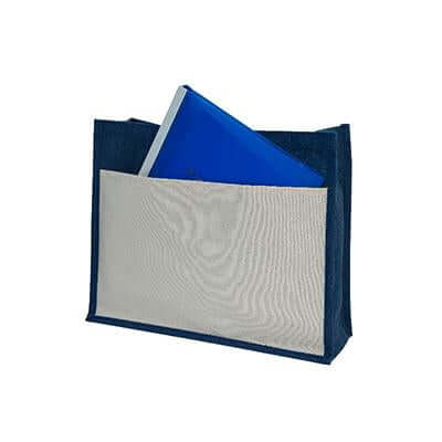 Navy A3 jute bag with contrasting canvas front pocket holding a blue folder for illustration
