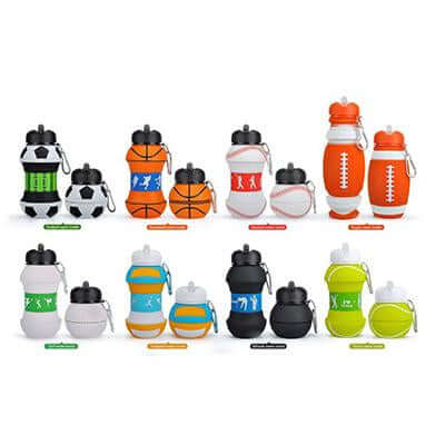 Portable Silicone Collapsible Sports Water Bottle collection featuring various sports designs for hydration on the go.