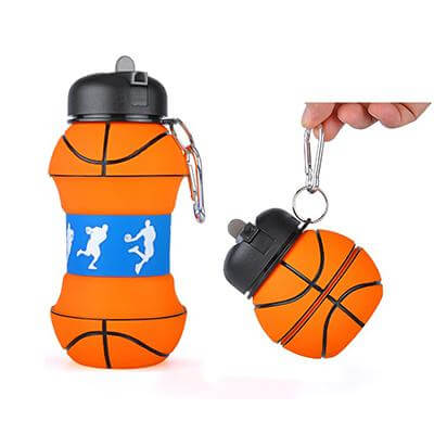Portable Silicone Collapsible Sports Water Bottle in basketball design, perfect for active hydration on the go.