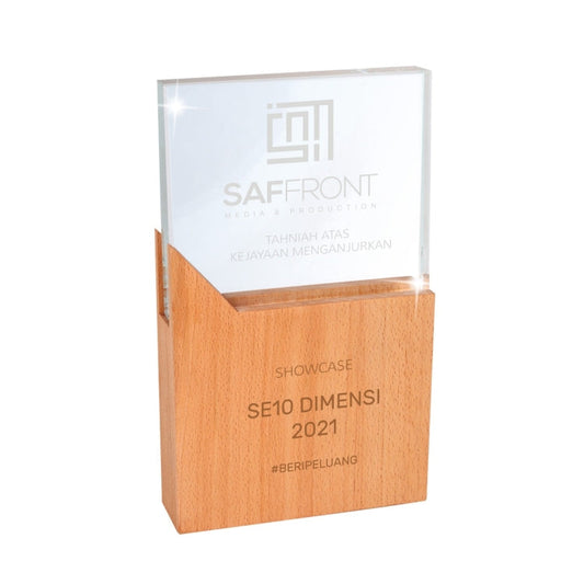 Rectangular Crystal Award with Wooden Stand by Corporate Gift Store Singapore