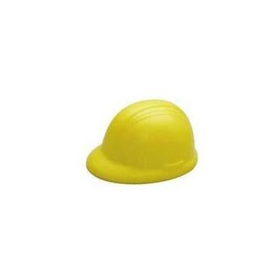 Yellow hard-hat shaped stressball with a moulded brim and raised helmet ridges