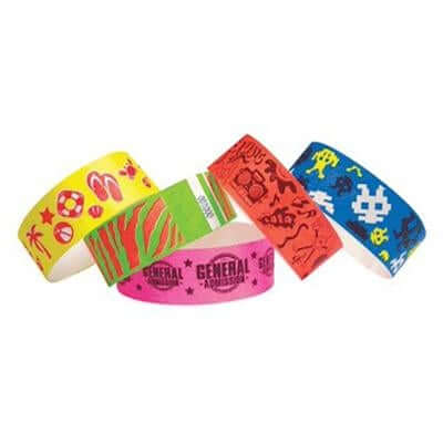 Durable 1 Inch Tyvek Paper Wristband in assorted colors and bold patterns for events, parties, or promotions.
