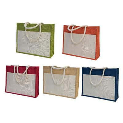 A3 jute bags in green, orange, red, natural and navy with contrasting canvas front pockets and cotton handles