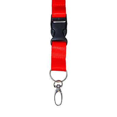 Close-up of a red lanyard with a black detachable buckle, metal ring and silver oval hook