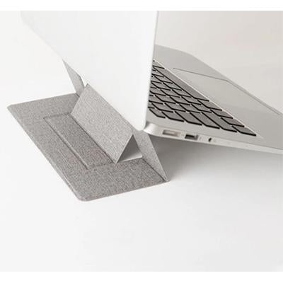 Side three-quarter view of a silver laptop elevated on the grey folding support