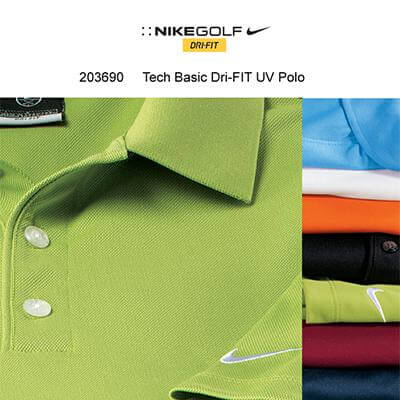 Nike Golf Tech Basic Dri-FIT polo catalogue image with green collar and button detail beside colour examples