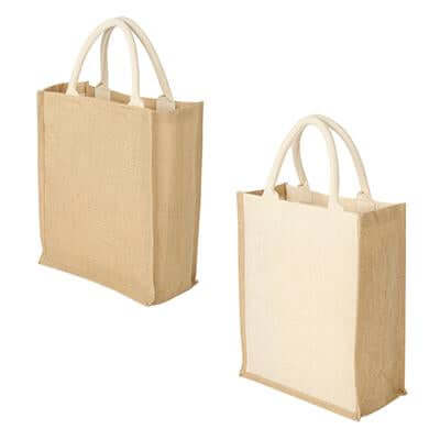 Natural-tone A4 jute tote views with rounded carry handles, gusseted sides and light front-panel example
