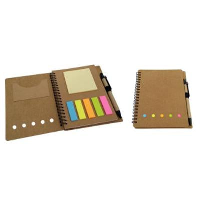 Brown spiral notebook shown open and closed with memo pad, coloured tab stickers, inner pocket and side pen