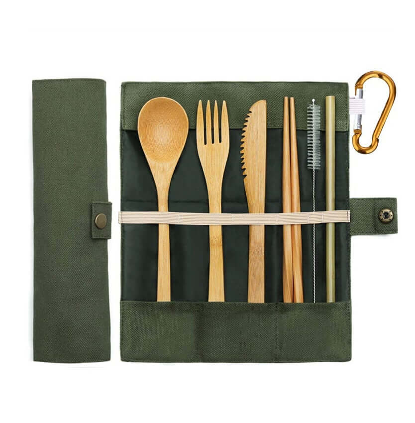 Green pouch holding bamboo utensils, chopsticks, straw and brush with a clip at the side