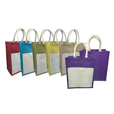 Jute tote bags in assorted colours with natural-colour canvas front pockets and paired rope handles