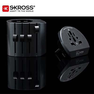 SKROSS Alpha adaptor body beside its separate socket section, showing side sliders and multi-pattern socket face.