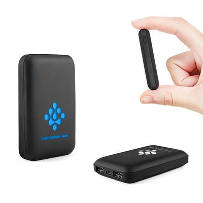 Black mini power bank with a blue illuminated example logo, side profile and charging-port edge views