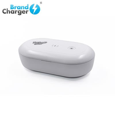 BrandCharger closed white unit with an example logo position shown on its lid
