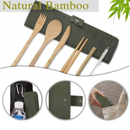 Bamboo cutlery arranged above a dark pouch with small detail views of the pouch and fabric