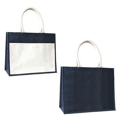 Front and back views of the dark A3 jute tote, showing the contrasting canvas pocket on the front