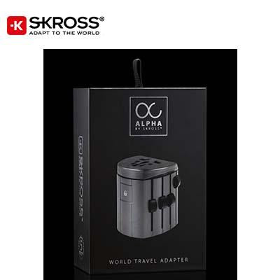 Black retail box labelled Alpha by SKROSS World Travel Adapter with a picture of the adaptor.