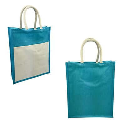 Blue jute tote shown from front and back, with a canvas front pocket and natural-colour handles
