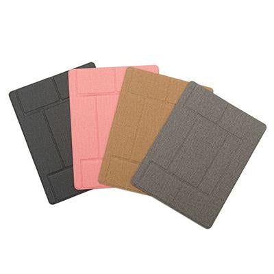 Flat folding laptop stand panels shown in dark, pink, tan and grey colour examples