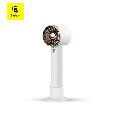 White Baseus handheld turbofan standing upright with circular head and bronze-coloured front grille