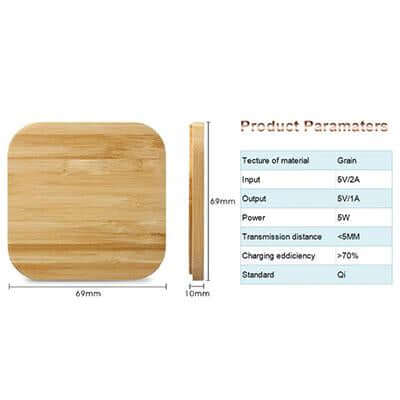 Wood-finish charging pad shown from above and from the side beside a catalogue specification table