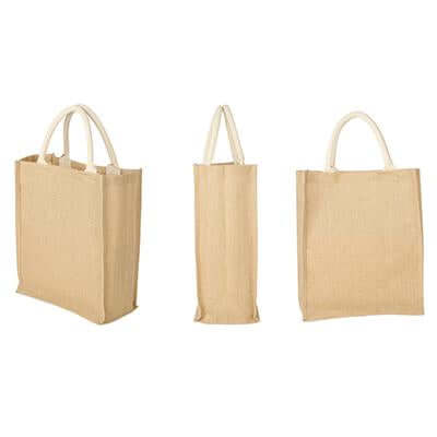 A4 jute bag shown from front, narrow gusseted side and rear with twin rounded handles