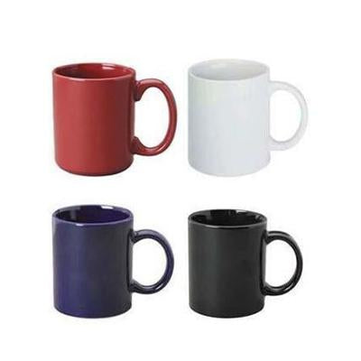 Straight-sided 400ml porcelain mugs with curved handles in red, white, dark-blue and black colour examples