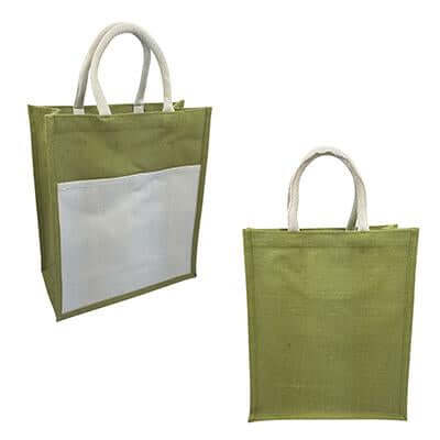 Green jute tote front and back views showing the natural canvas front pocket and paired handles