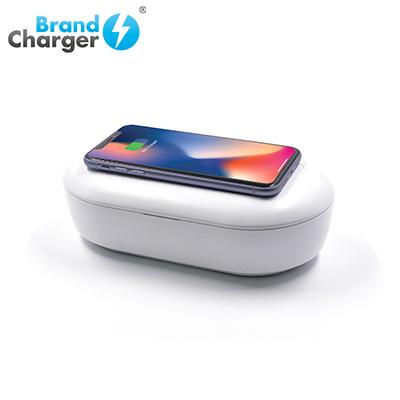 Smartphone resting on the lid of the BrandCharger wireless charging unit