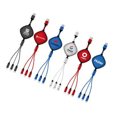 Black, red, blue and white retractable cables with USB-A plugs, three device leads and example printed logos