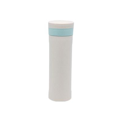 Tall neutral speckled water bottle with pale-blue accent band and matching light cap