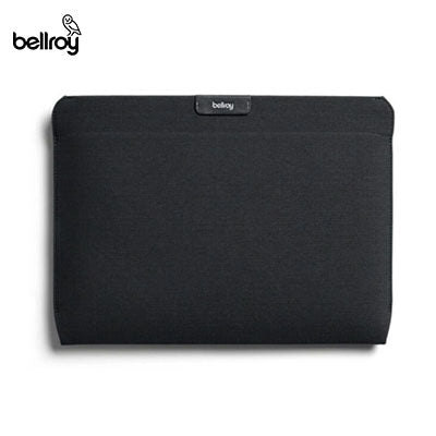 Front view of black Bellroy Laptop Sleeve with small brand tab near the opening