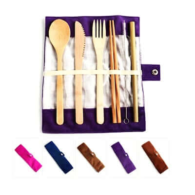 Purple roll-up pouch with bamboo spoon, knife, fork, chopsticks, straw and brush; five folded pouch colour examples below