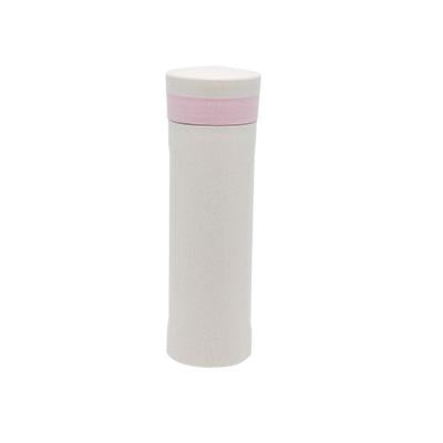 Tall neutral speckled water bottle with pale-pink accent band and matching light cap