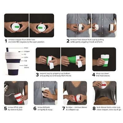 Stojo cup catalogue photo montage showing different handling, storage and use examples