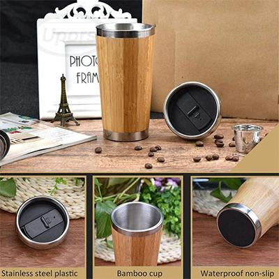 Bamboo coffee mug shown with detached cover and inset lid, interior and base details