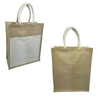 Natural-colour jute tote front and back views with a contrasting canvas pocket and two handles